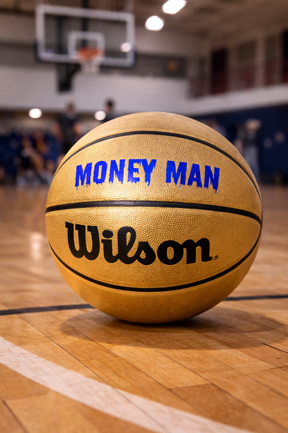 Customized Wilson Black and Gold Basketball Personalized with Custom Text in Blue Color on Court