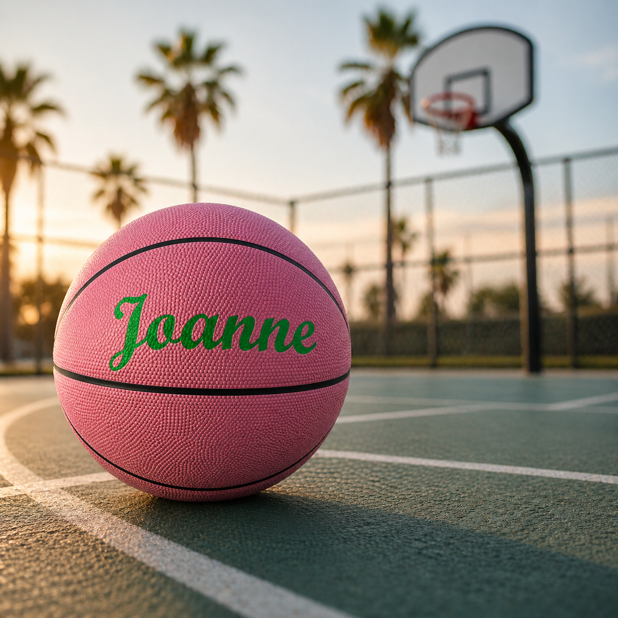 Customized Personalized Pink Basketball with Custom Text in Dark Green Color on Court