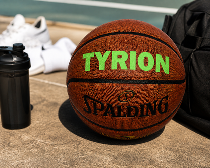 Customized Spalding Neverflat Basketball with Custom Text Written in Bright Green Color
