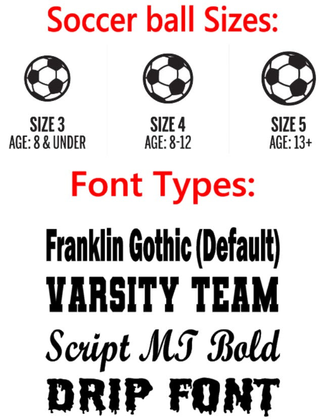 Soccer Ball Sizing Chart and Custom Text Font Types Options