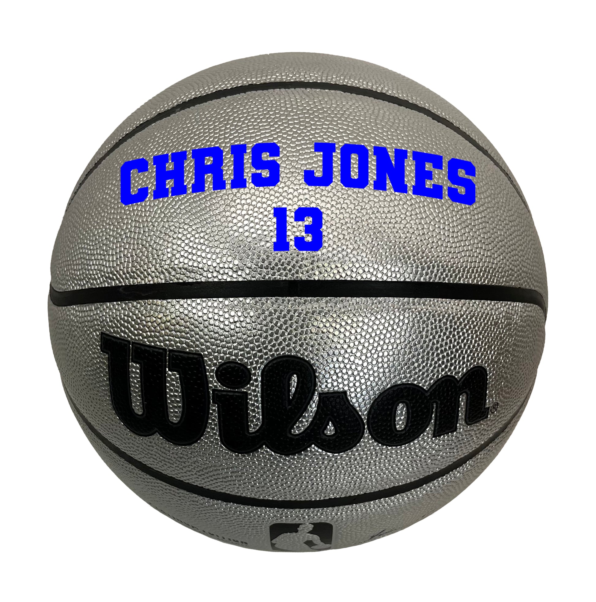 Customized Personalized Wilson Platinum Silver and Black Basketball in VARSITY TEAM FONT in color blue  2 lines text