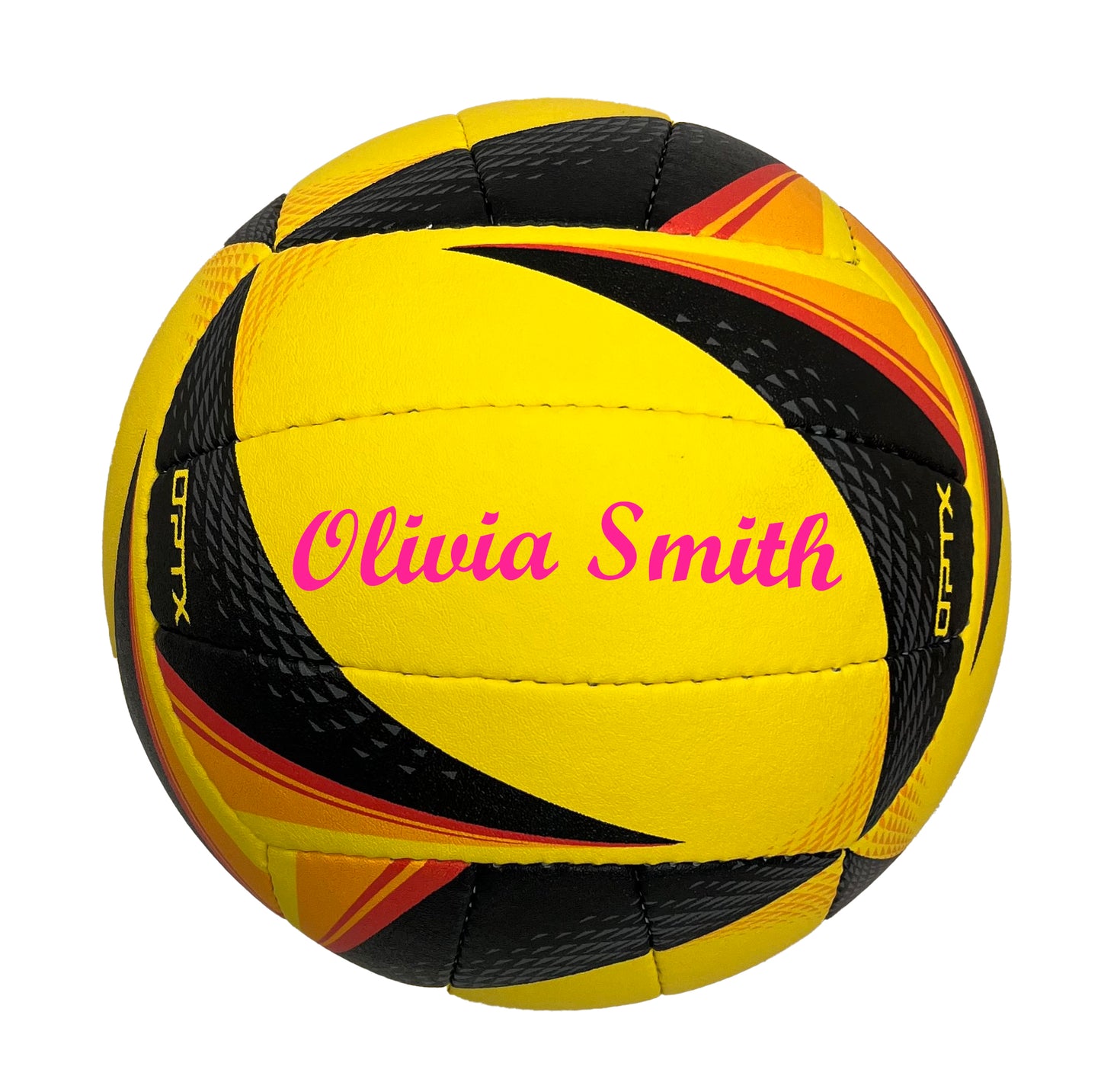 Customized Personalized Wilson NCAA OPTX Soft Play Game Volleyball black and yellow in Script MT Font in color  pink.
